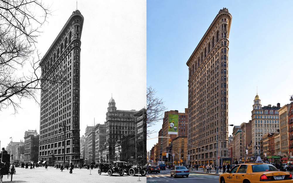 A side-by-side comparison of the Flatiron Building in New York City, showing a black-and-white historical view on the left and a modern color view on the right.