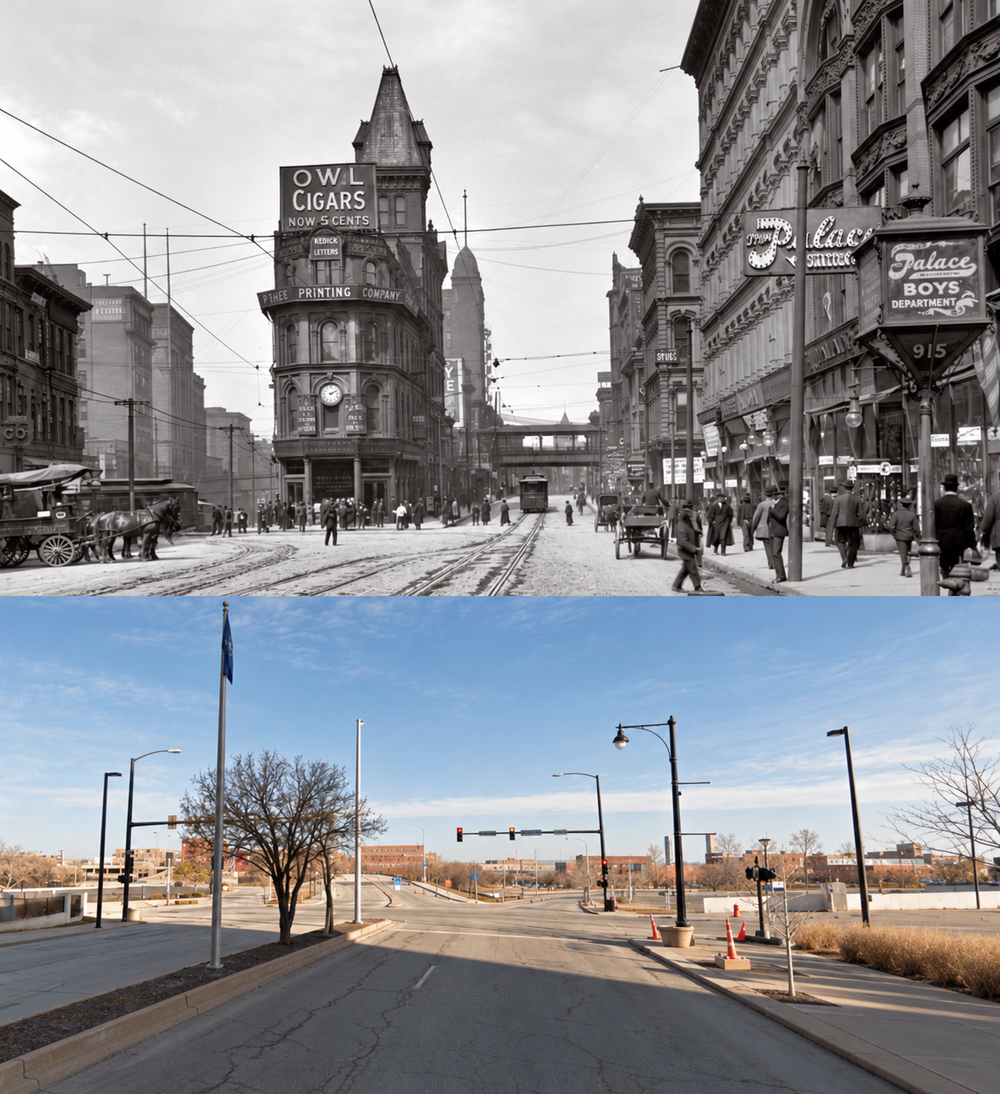 A split image showing a busy 19th-century city intersection with horse-drawn carriages and commercial buildings on top, and the same modern-day intersection as a quiet, paved road under a blue sky on the bottom.