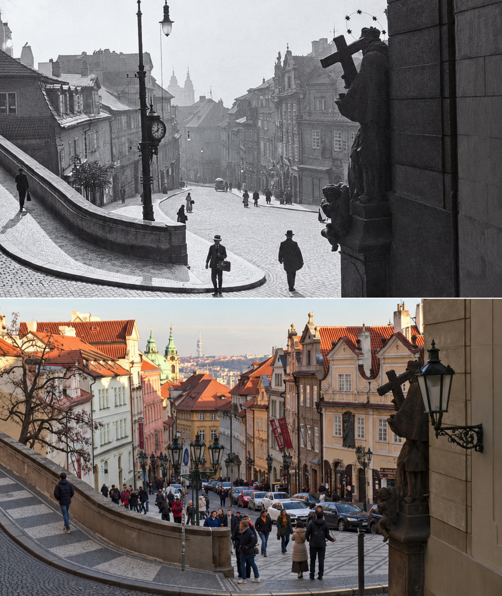 A split-screen comparison of a sloped street in Prague, showing a black-and-white historical view above a modern color view featuring pedestrians and cars.