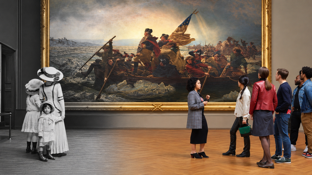 A group of modern museum visitors stands before a large oil painting of George Washington crossing the Delaware River, while a black-and-white image of three people in vintage clothing stands on the left side of the frame.