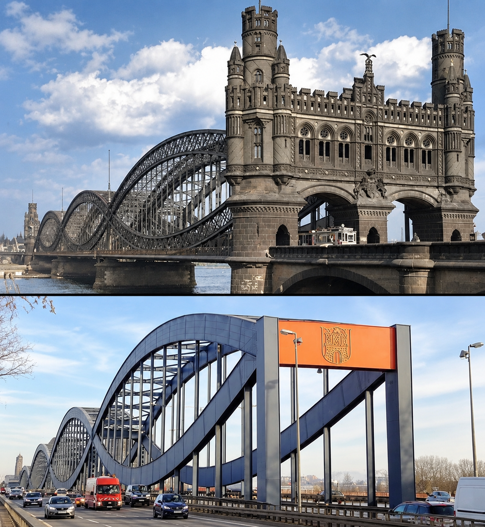 A split-screen image showing the ornate stone towers of the historic Kaiserbrücke and the modern blue steel arches of the Severin Bridge.