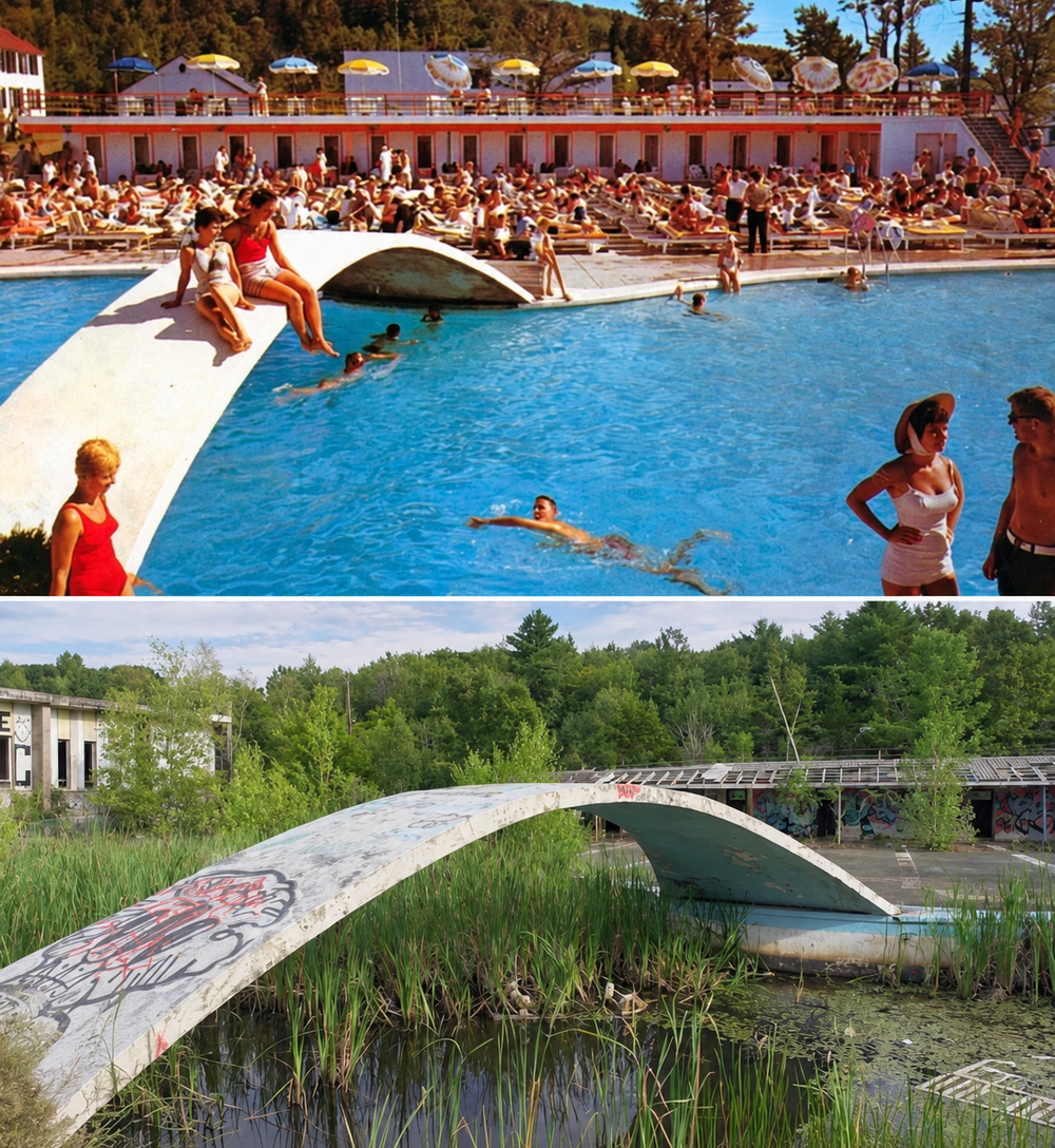 A side-by-side comparison of a bustling, active outdoor swimming pool in the past and the same abandoned pool site overgrown with weeds and graffiti in the present.