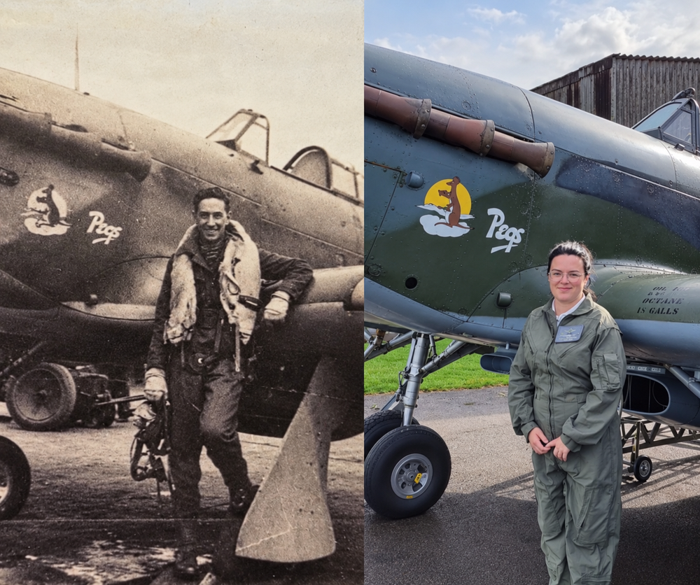 A split image showing a World War II pilot standing next to his Hurricane aircraft labeled “Pegs,” and a modern-day pilot in a flight suit standing in the same pose next to the restored aircraft.