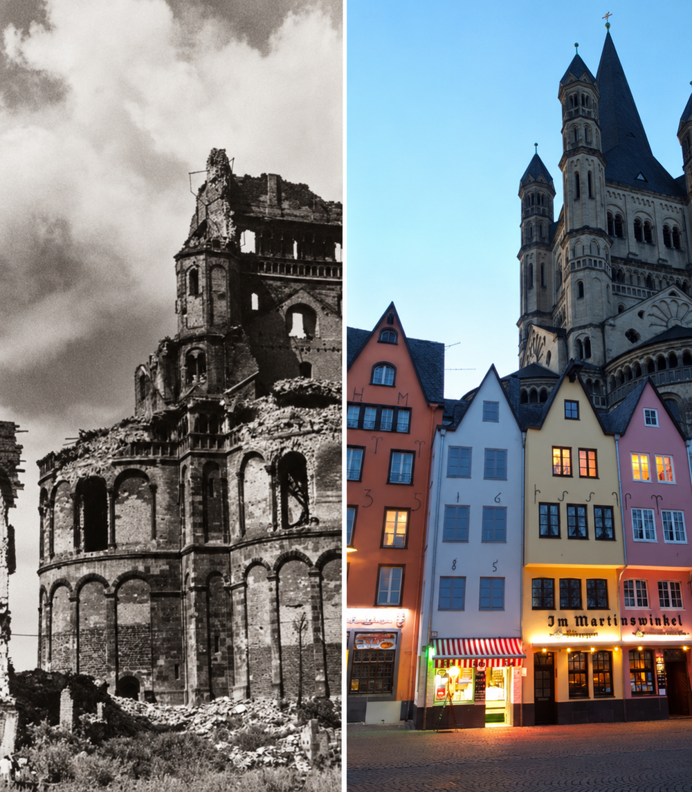 A side-by-side comparison of the Great St. Martin Church in Cologne, showing the ruins after World War II on the left and the restored building with surrounding colorful houses on the right.