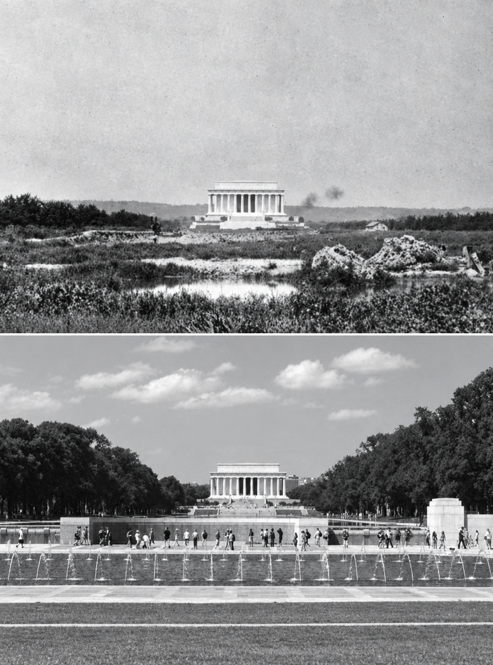 A split-screen comparison showing the Lincoln Memorial in a desolate, undeveloped landscape above and surrounded by the finished reflecting pool and landscaped park in a modern view below.
