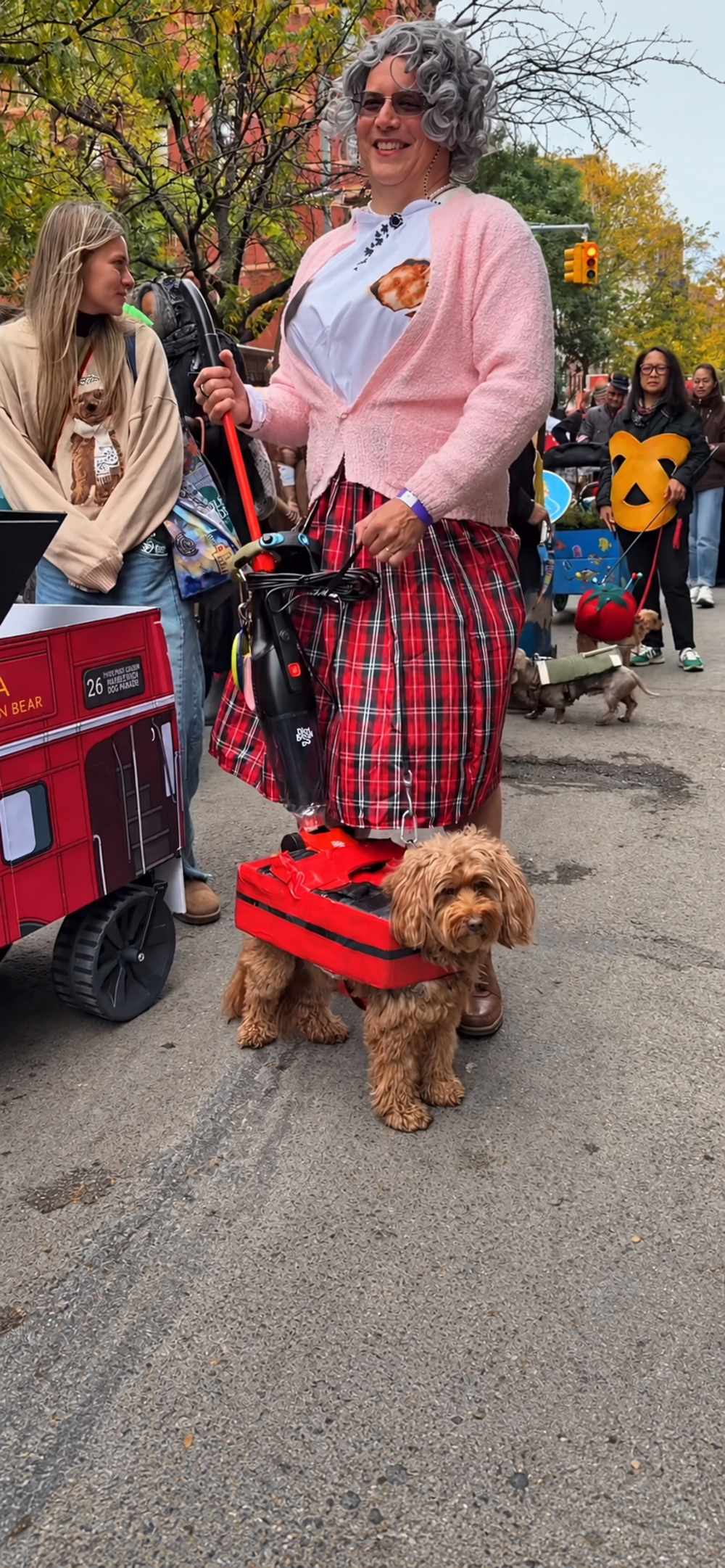 A person dressed as an elderly woman pushes a small dog wearing a red vacuum cleaner costume down a street.
