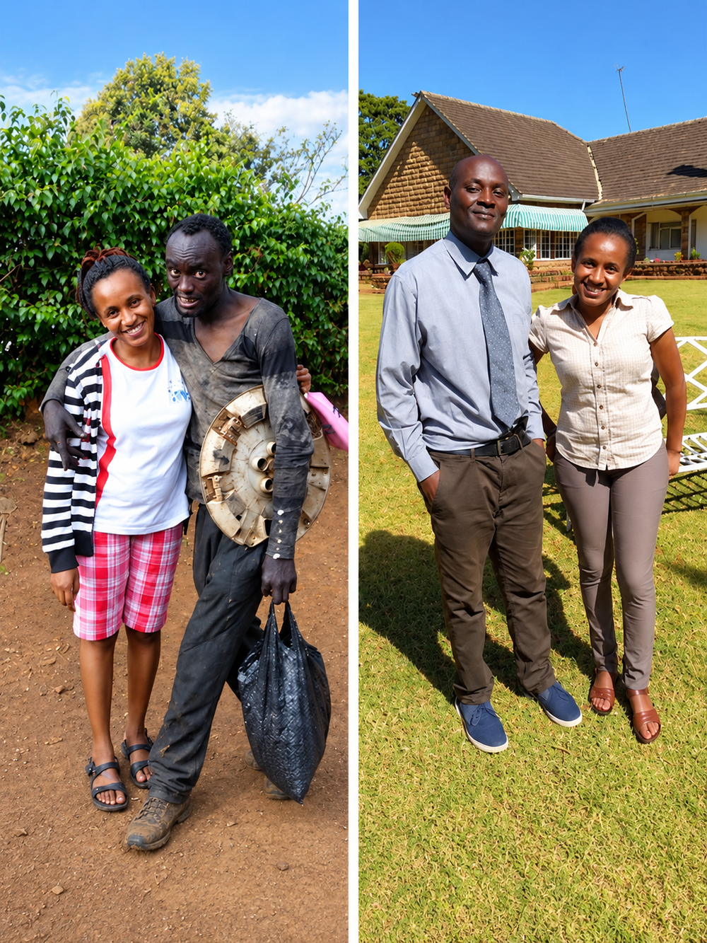 Side-by-side comparison of a couple: on the left, they are dressed casually outdoors, and on the right, they are dressed in business attire standing on a lawn in front of a house.