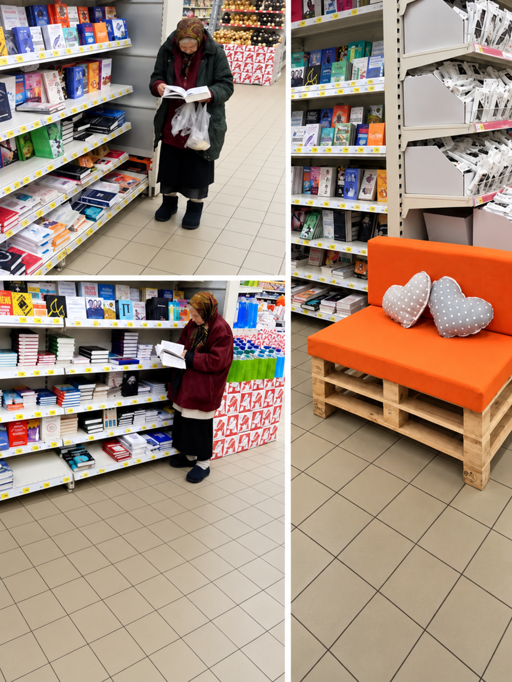 A collage showing an elderly woman browsing books on shelves in a store and an orange pallet bench with two heart-shaped pillows.