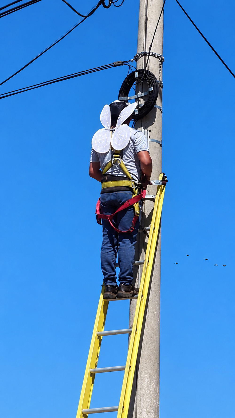A utility worker wearing white fairy wings on their back stands on a yellow ladder while working on a utility pole against a clear blue sky.