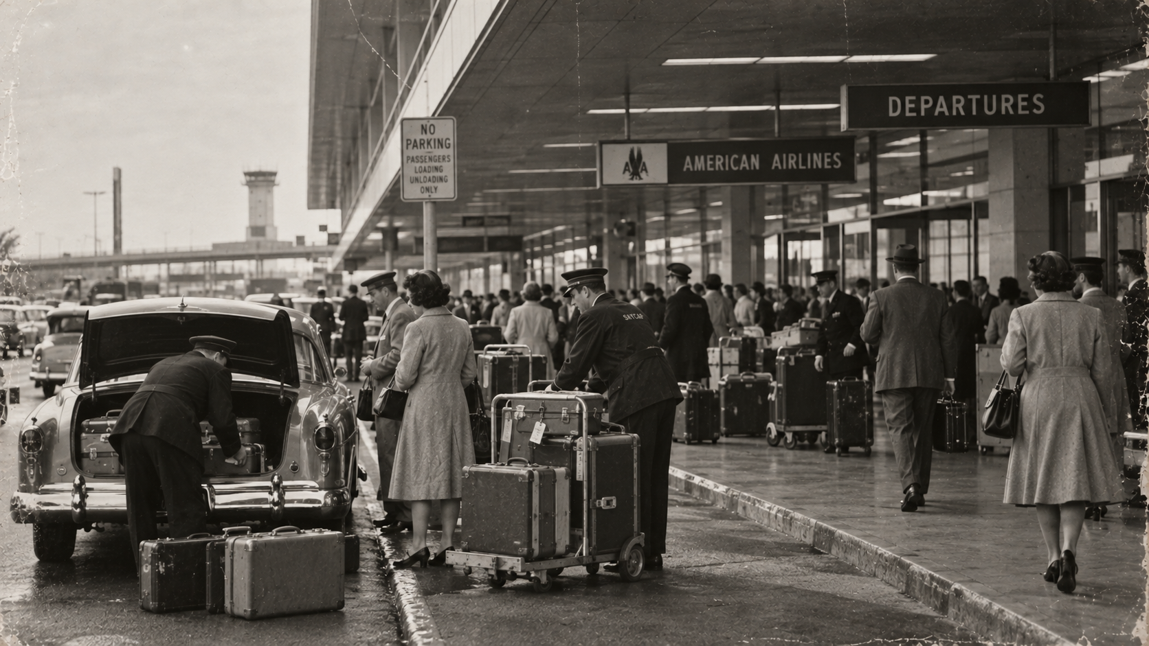 Passengers and a porter with a luggage cart at an American Airlines departures terminal in the 1950s.