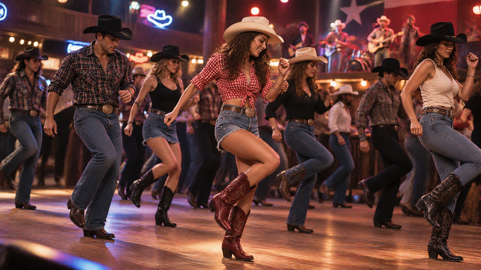 A group of people wearing cowboy hats and western attire line dancing on a wooden floor in a saloon.