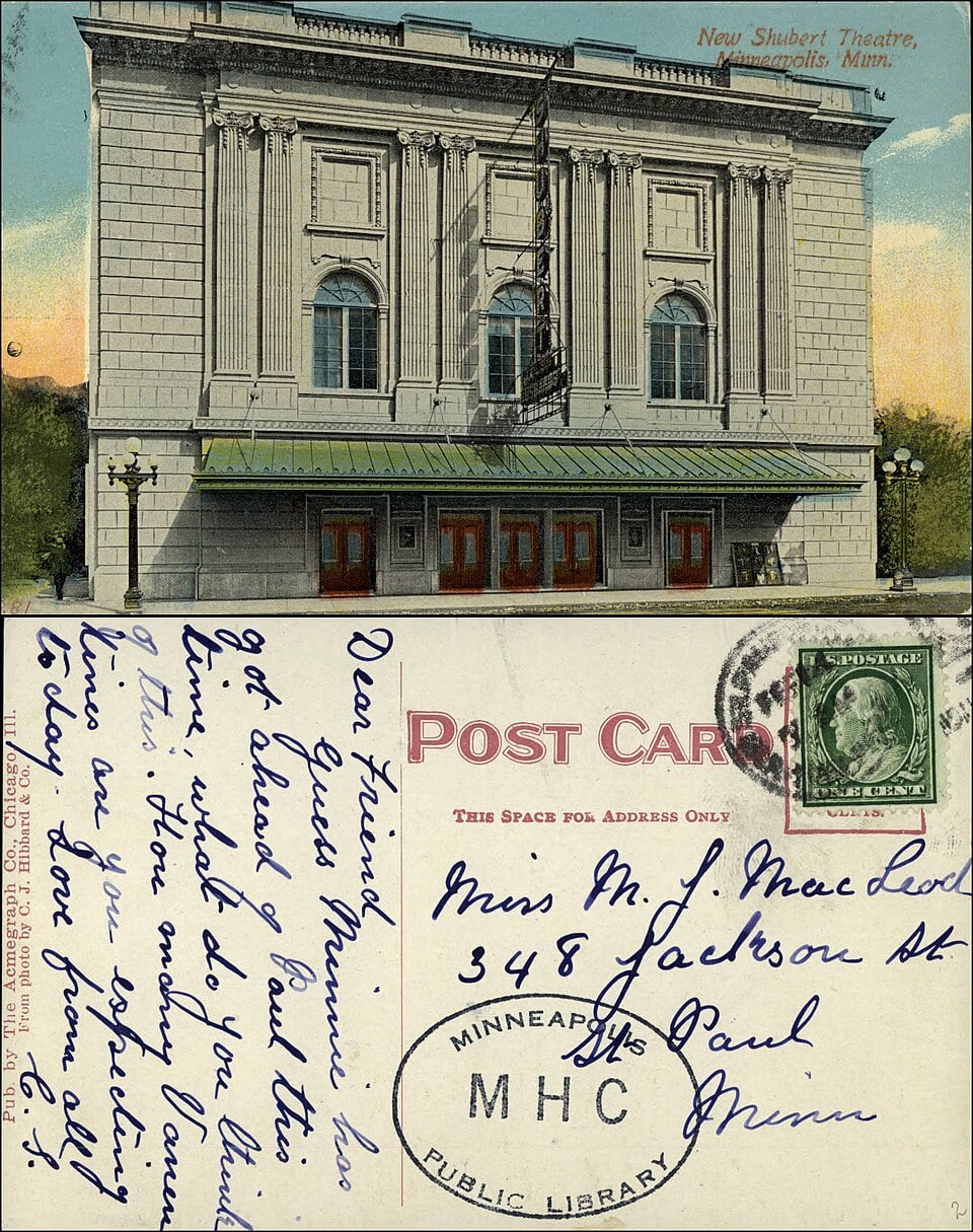 Vintage postcard of the New Shubert Theatre in Minneapolis, showing the building’s facade and a handwritten message on the reverse side.