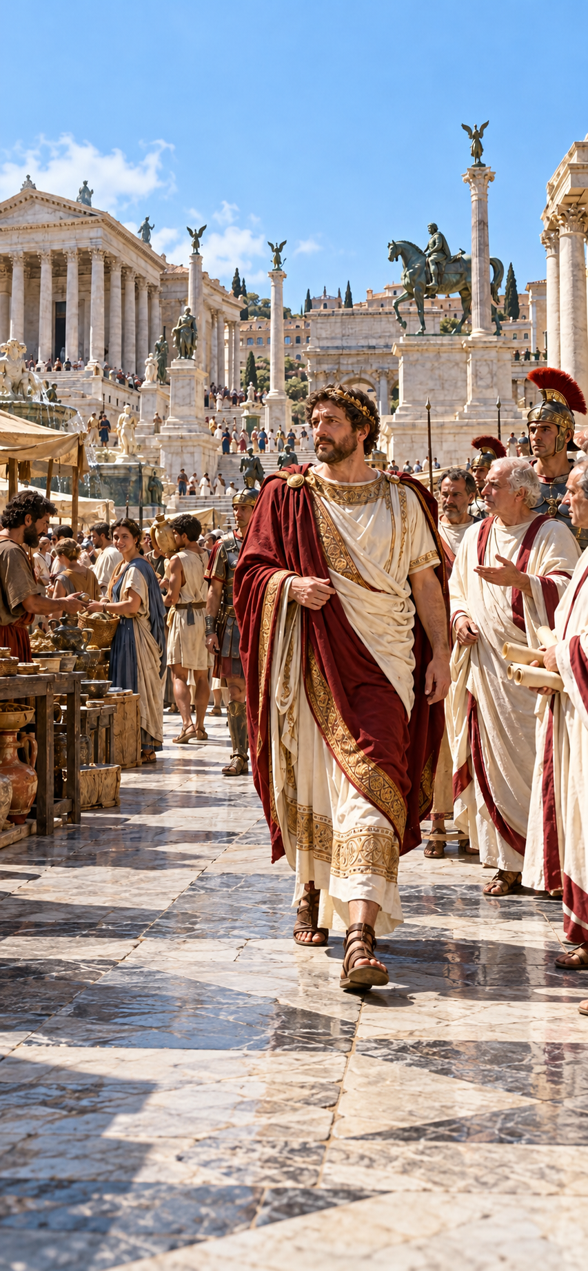 A man in a Roman toga and laurel wreath walks through a bustling, ancient marketplace with marble buildings and monuments in the background.