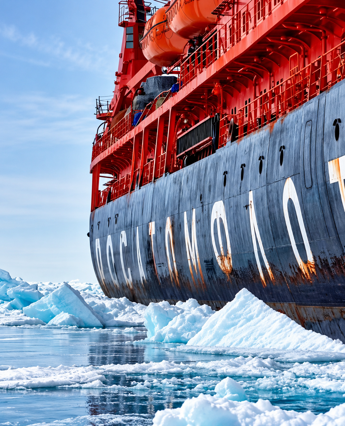 A large orange and black icebreaker ship sailing through floating sea ice.