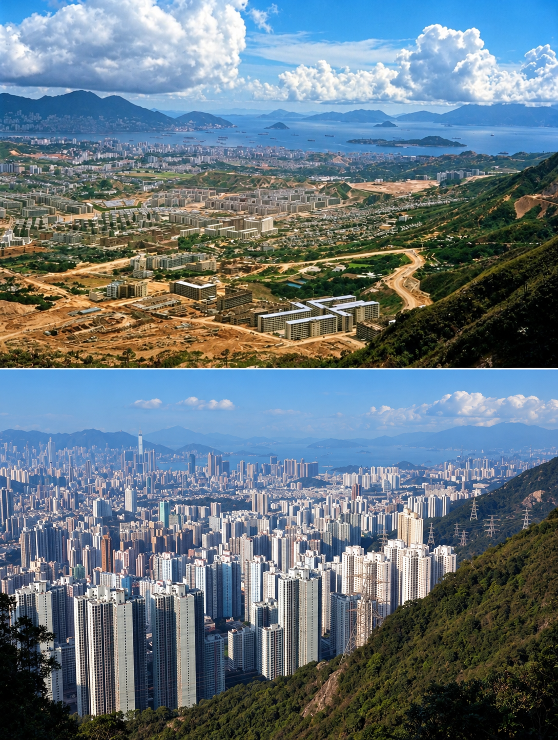 Before-and-after view of a coastal city, showing a landscape transitioning from sparse, low-rise buildings and undeveloped land to a dense skyline of high-rise apartment towers.