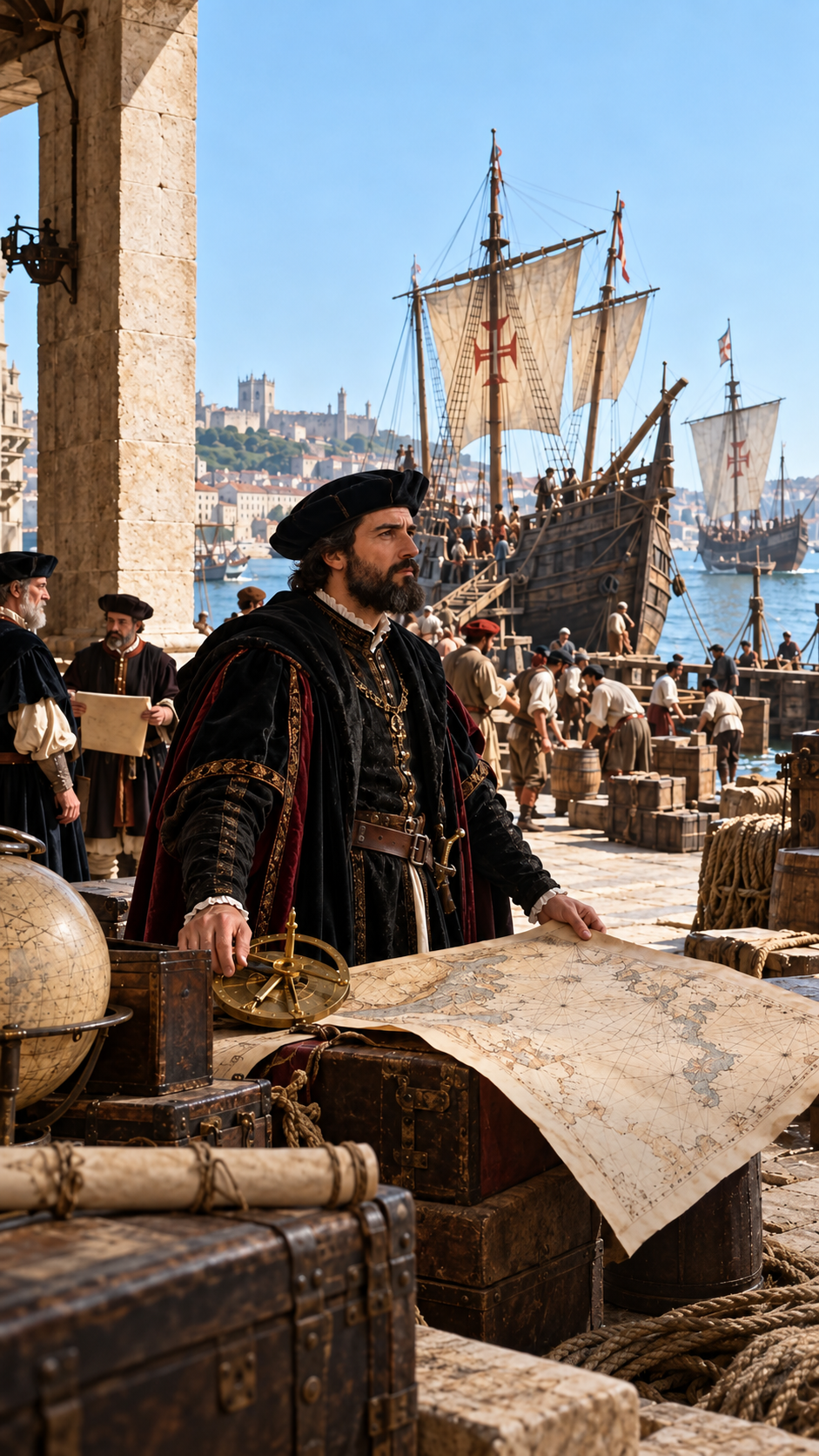 A man in 16th-century attire examines a map on a pier, with a large sailing ship marked with a cross in the harbor behind him.