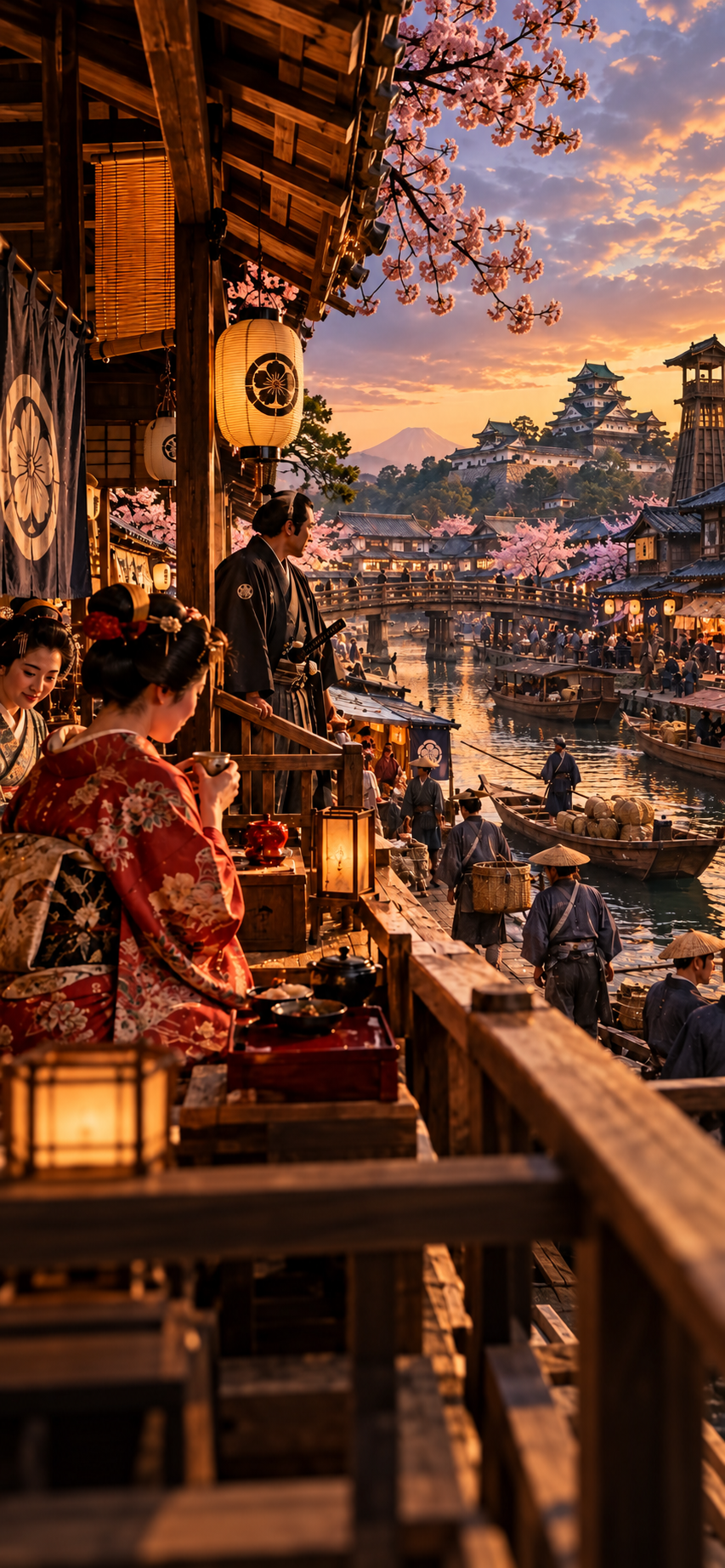 People in traditional Japanese clothing on a wooden balcony overlooking a canal filled with boats, with a castle and cherry blossoms in the background at sunset.