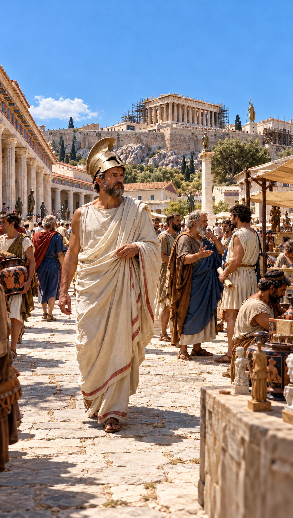 A bearded man in a white toga and gold helmet walks through a bustling ancient Greek marketplace with the Parthenon visible on the hill in the background.