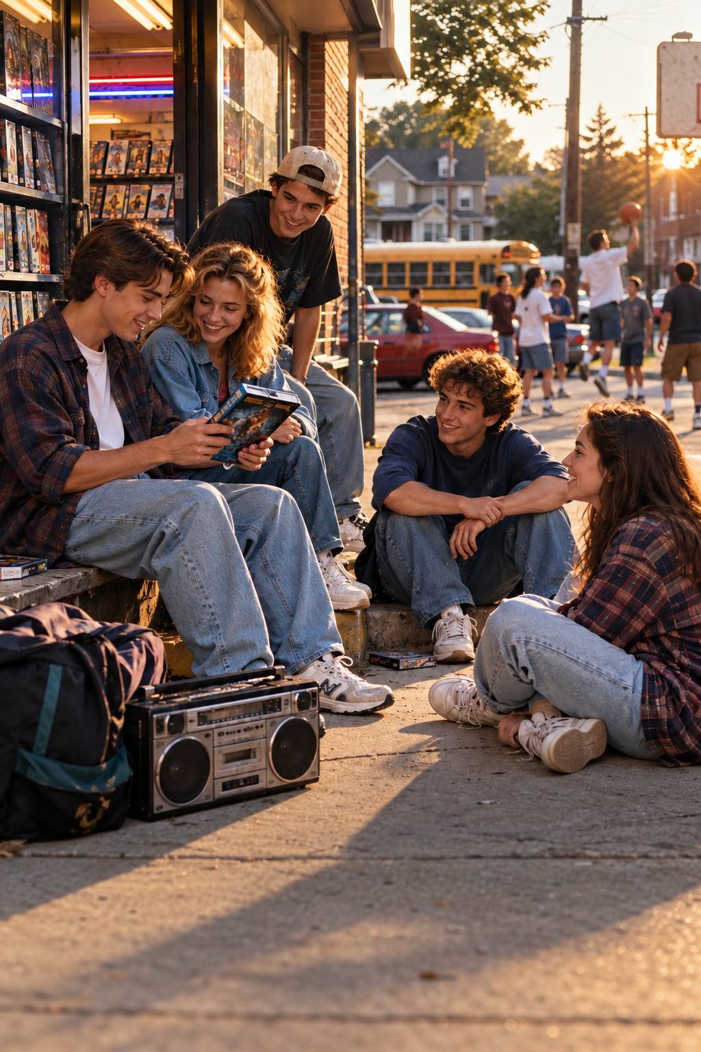 Four teenagers sit on the curb outside a video rental store, laughing and looking at a movie case while a boombox sits on the pavement nearby.