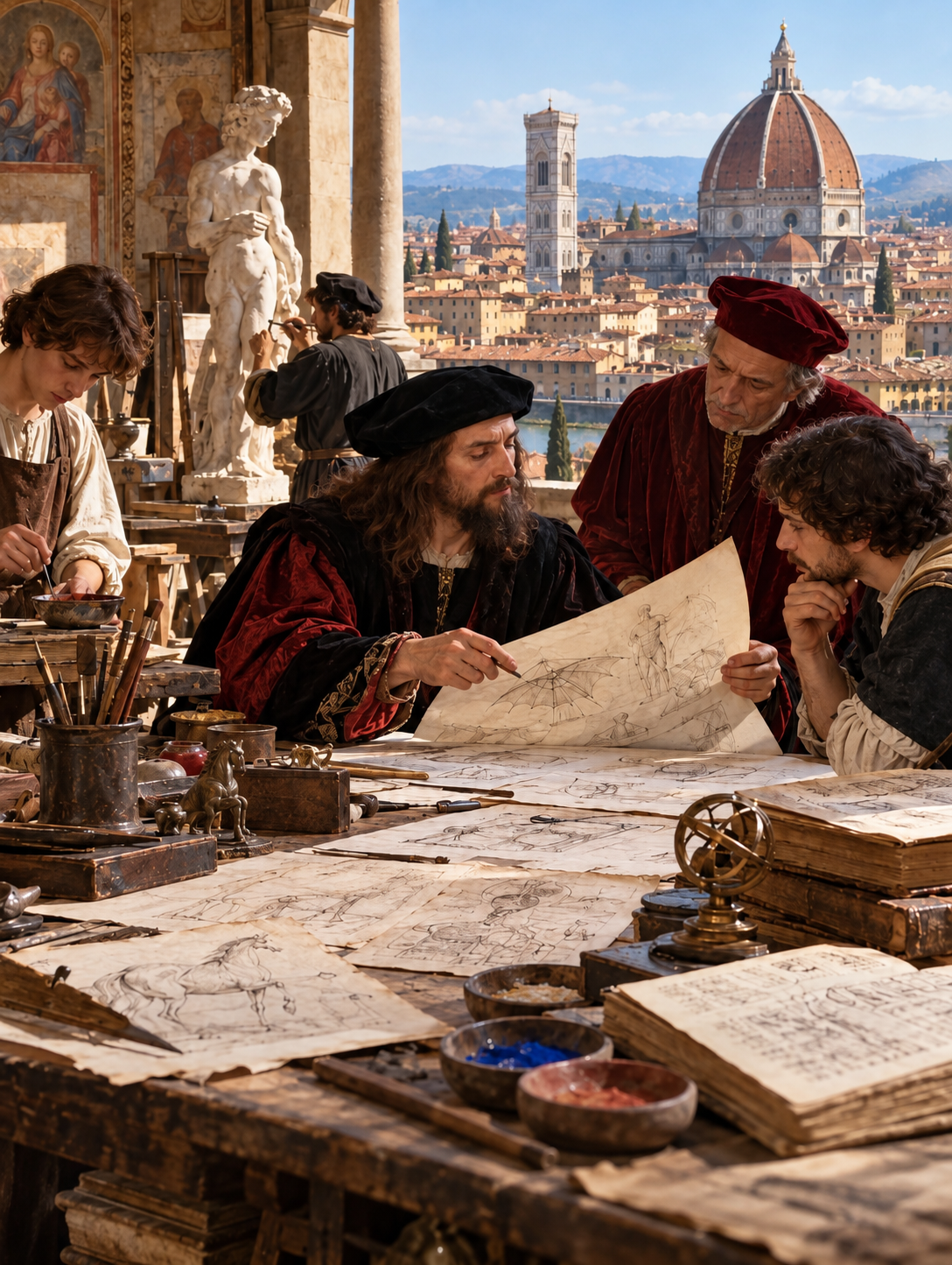 A Renaissance workshop with artists studying technical sketches of wings, with the Florence Cathedral and cityscape visible in the background.