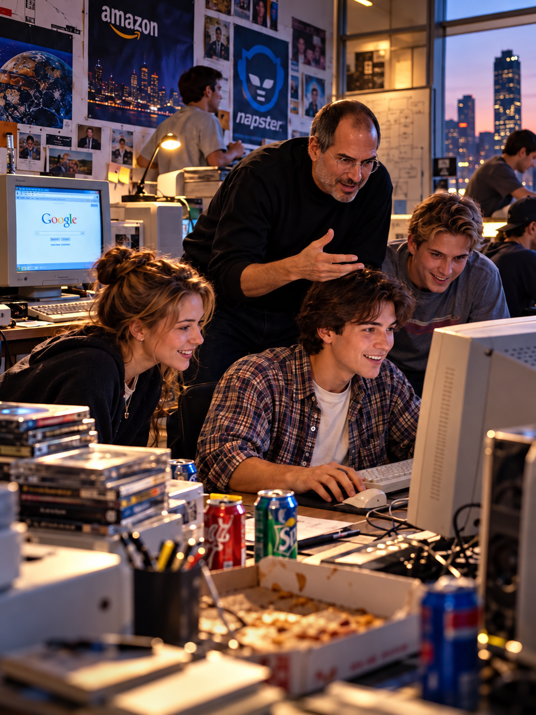 Steve Jobs leans over a group of young people looking at a computer monitor in an office with tech posters on the walls.