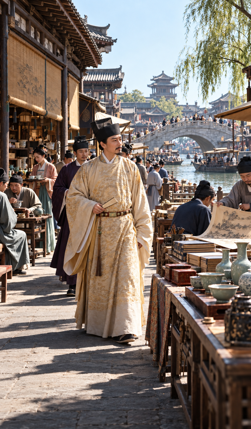 A man in traditional golden East Asian robes walks through a busy, historic riverside marketplace lined with vendors.