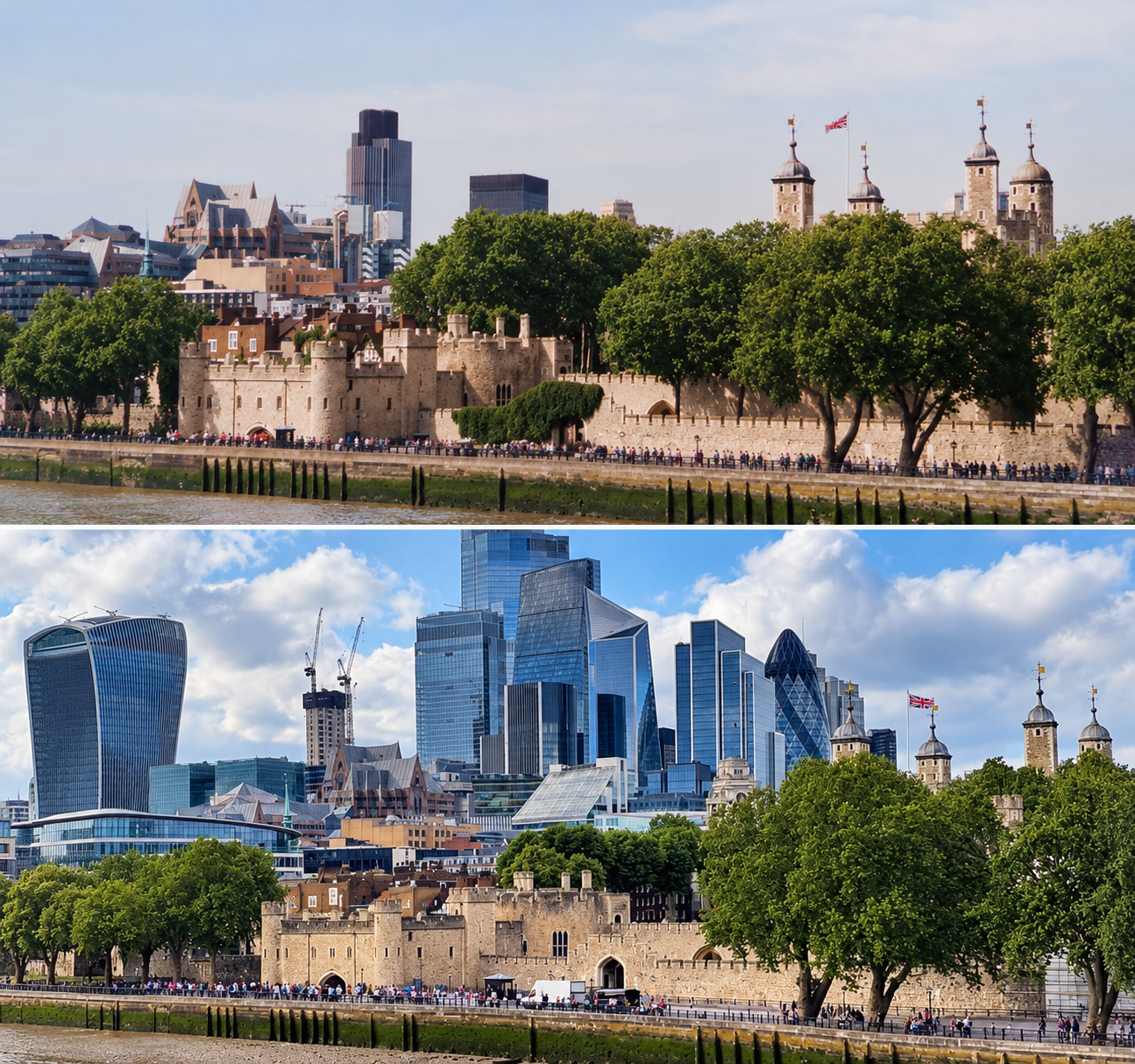 A split image showing the Tower of London along the Thames, with a historical view on top and a modern city skyline including the Gherkin and Walkie Talkie buildings behind it on the bottom.