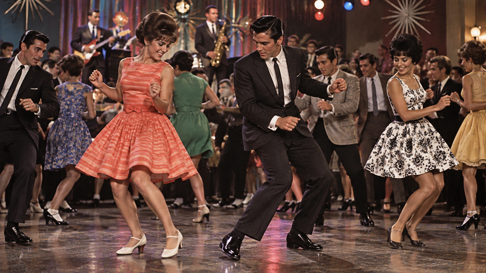 A man and woman in 1950s attire dance together on a crowded ballroom floor, with a band performing on stage in the background.