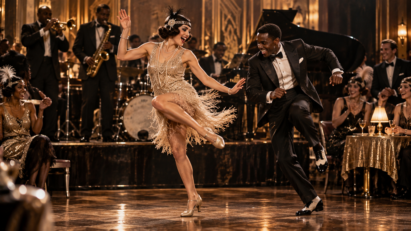 A woman in a 1920s flapper dress and a man in a tuxedo dance the Charleston together on a ballroom floor in front of a live jazz band.