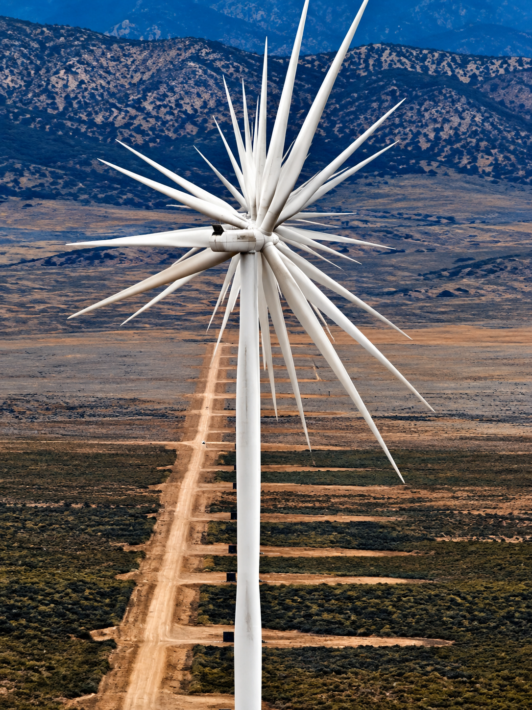 A wind turbine with an unusually high number of blades, standing in a desert landscape with a dirt road leading toward distant mountains.
