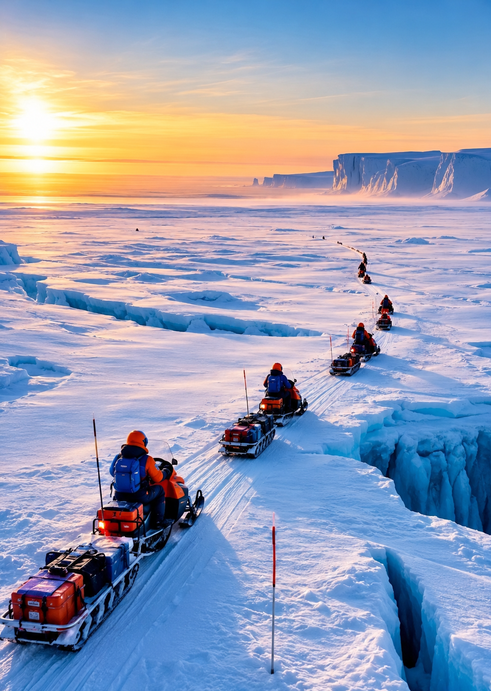 A line of people riding snowmobiles across an icy landscape toward a sunset over glaciers.