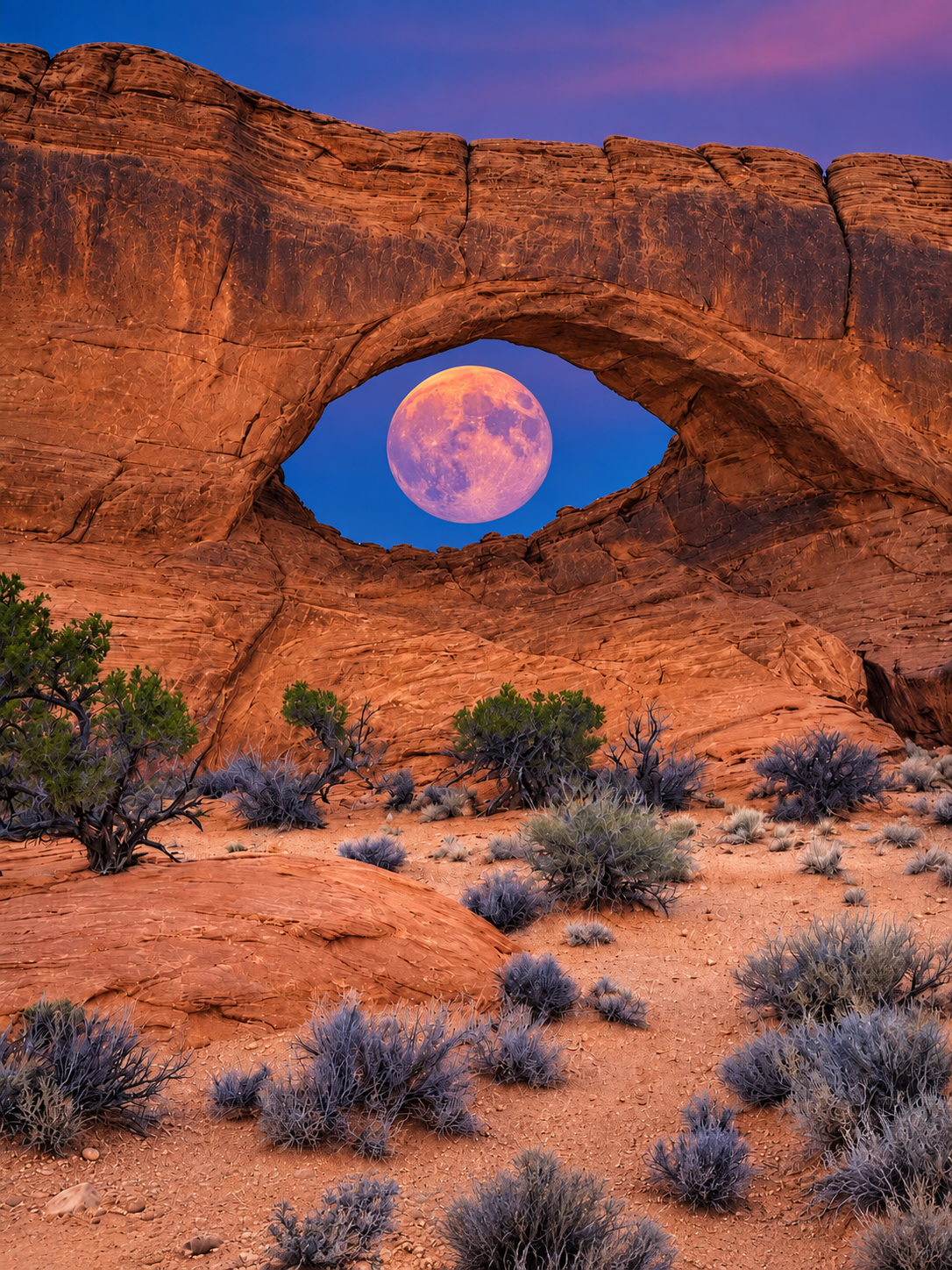 A large, full moon centered within the opening of a natural red sandstone rock arch at twilight.