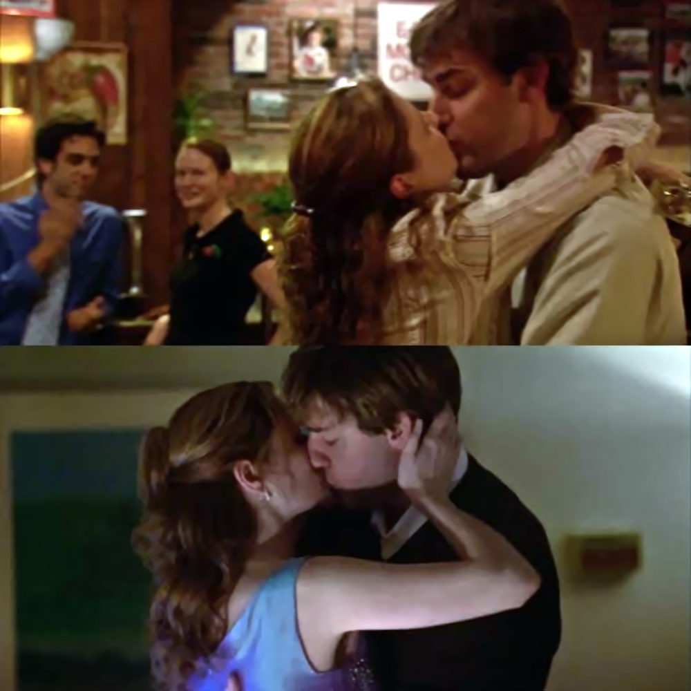 Two split-screen images showing Jim and Pam kissing.