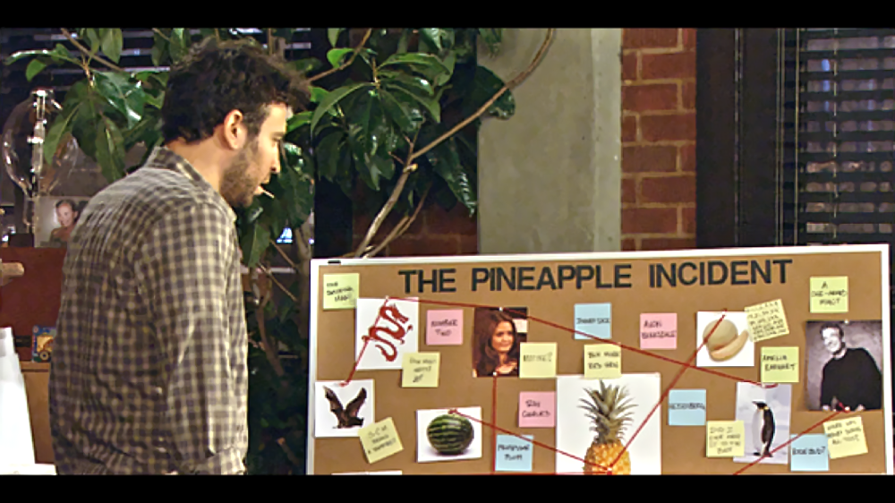 A man in a plaid shirt looks at a corkboard titled “The Pineapple Incident” covered in photos, sticky notes, and red string.