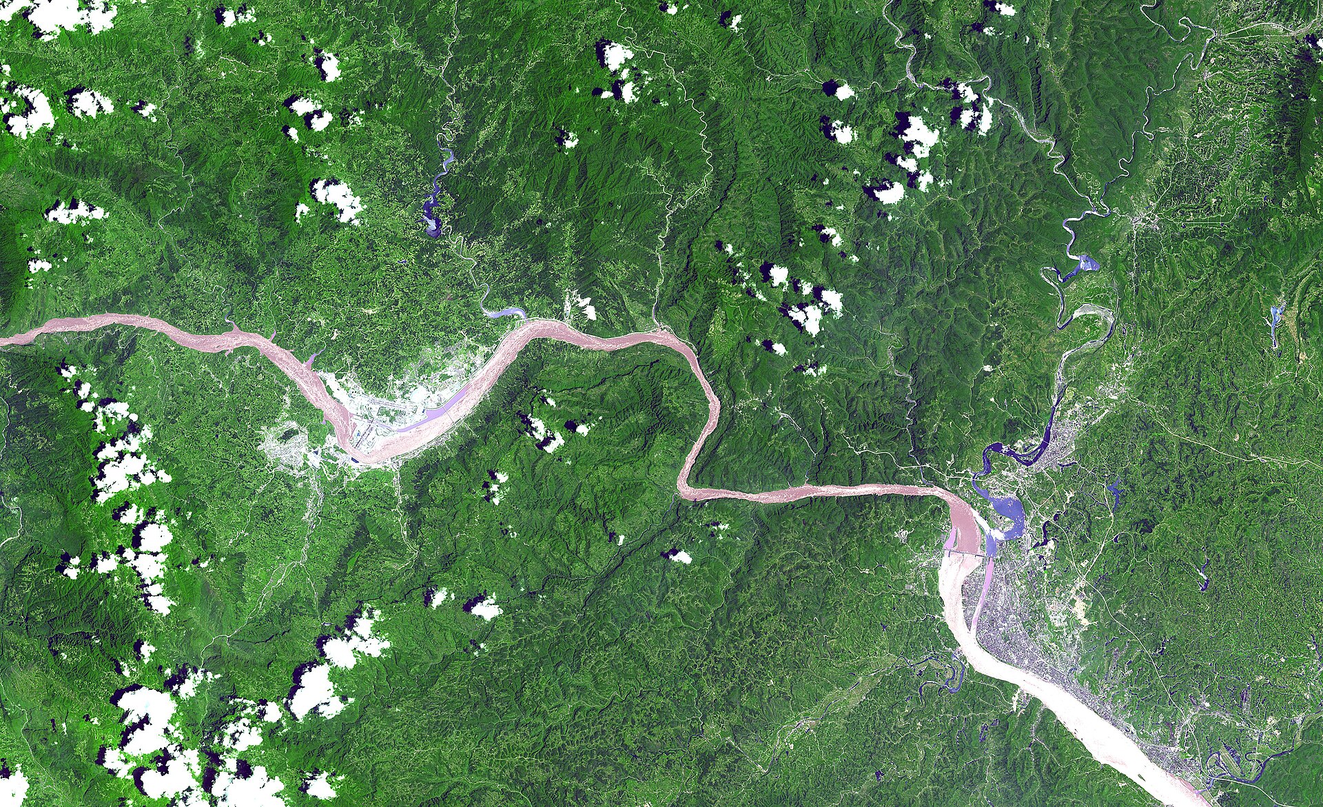 Satellite view of a winding, sediment-rich river cutting through a dense green forest, with urban areas visible along the riverbanks.