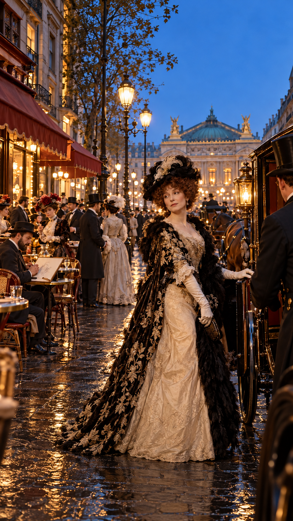 A woman in a vintage gown and feathered hat stands by a horse-drawn carriage on a wet Parisian street near a bustling outdoor cafe.