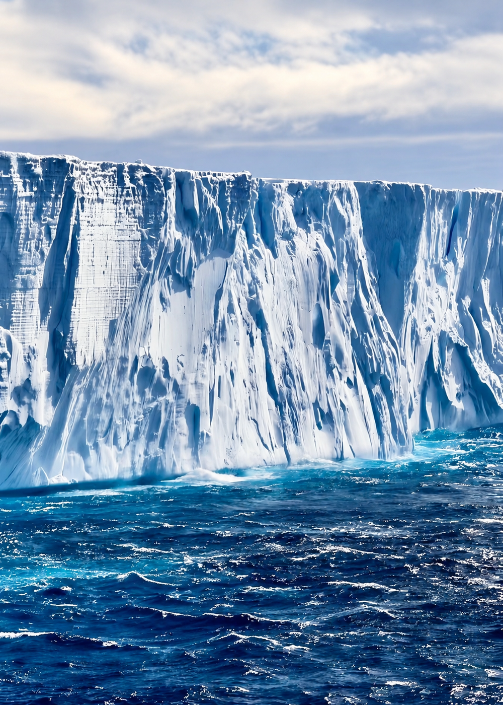 A massive, vertical ice shelf rising from the deep blue ocean under a cloudy sky.