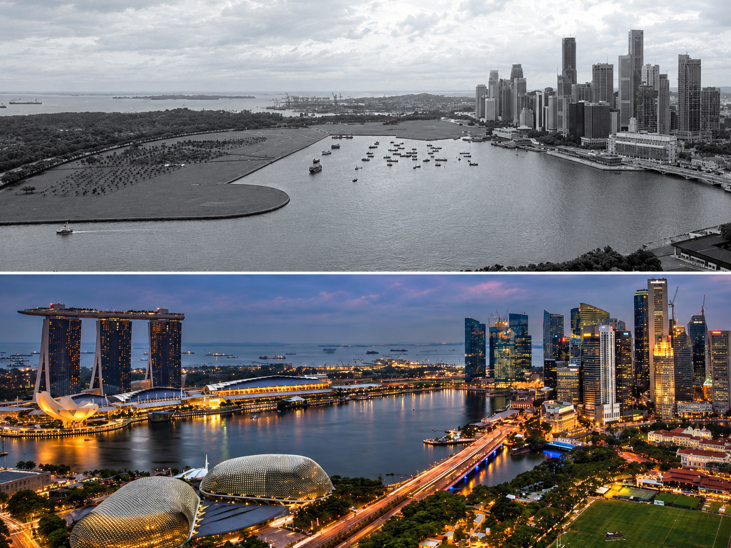 A split-image comparison of the Singapore skyline, showing a black-and-white historical view above a vibrant, modern nighttime view of Marina Bay.