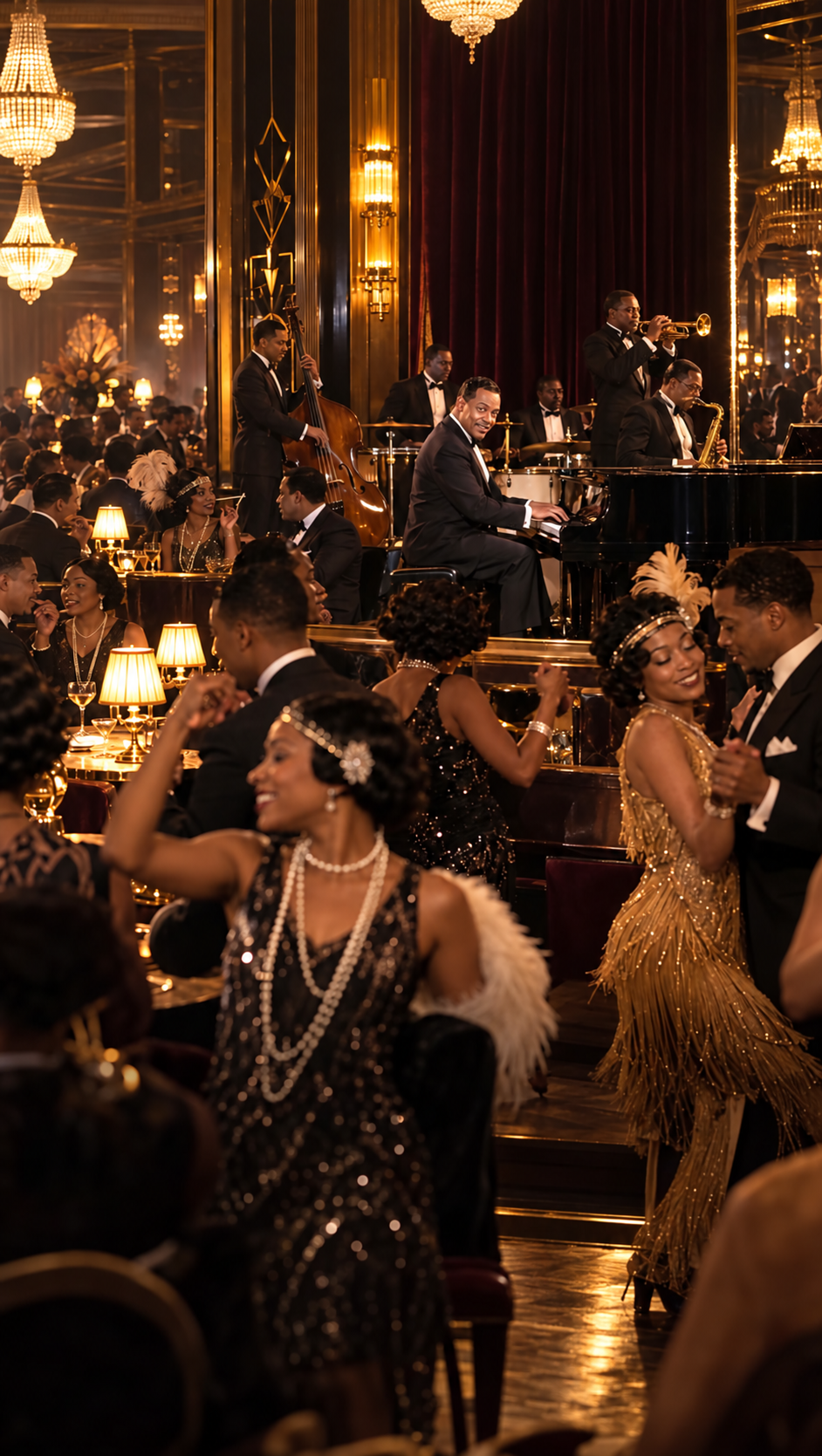 People dancing in 1920s attire at a jazz club with a band performing on a raised stage.