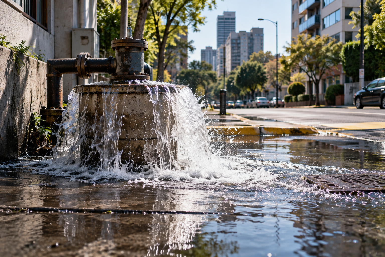 A burst fire hydrant spills water onto a city sidewalk and street, creating large puddles. Tall buildings and trees line the urban background on a sunny day.