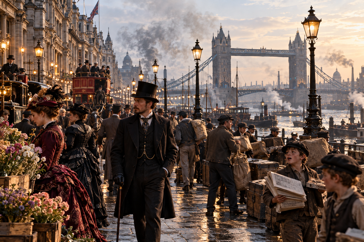 A busy Victorian-era London street scene featuring a man in a top hat and tailcoat walking past flower vendors, with Tower Bridge visible in the background.