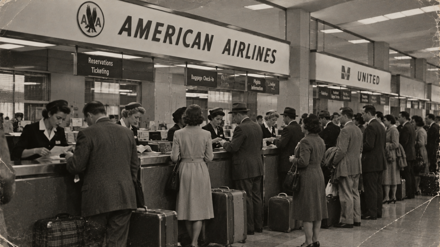 Passengers line up at American Airlines and United ticket counters in a busy airport terminal.
