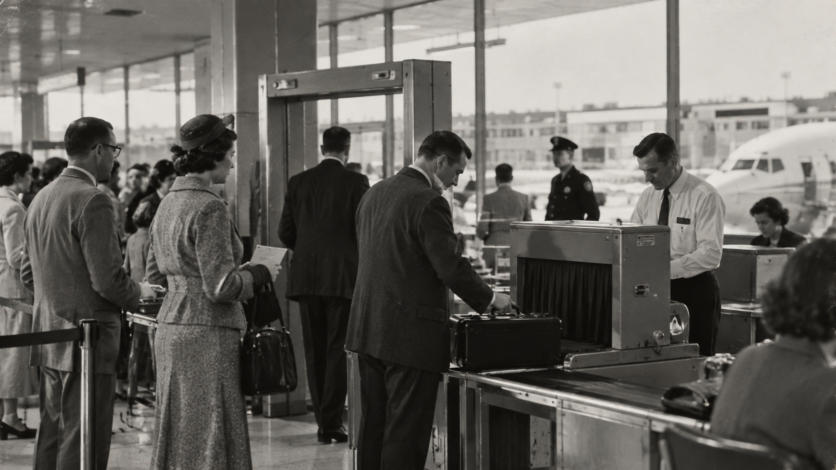 Travelers in formal attire go through an airport security checkpoint, with a man placing his briefcase onto an X-ray conveyor belt.