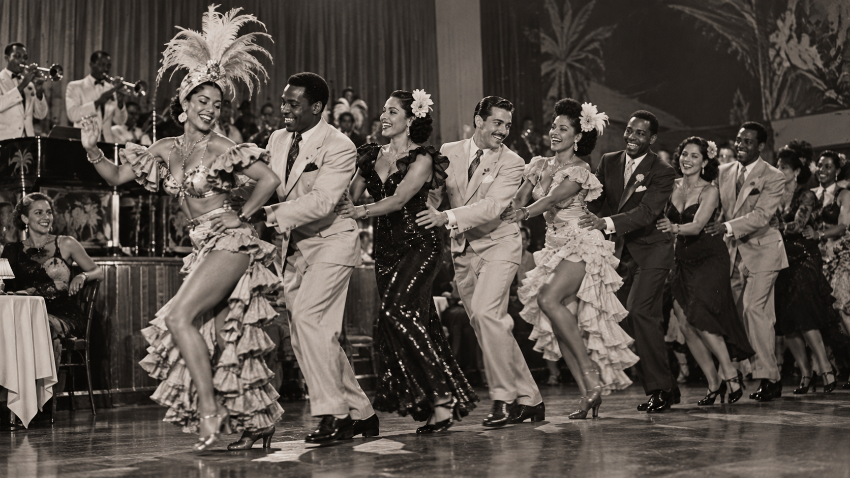 A line of couples in formal 1940s attire dancing together on a ballroom floor in front of a live band.