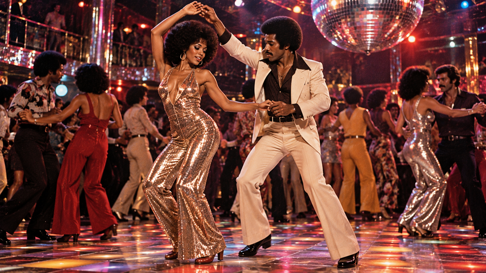 A couple dancing in a crowded 1970s disco, with the woman in a gold sequined jumpsuit and the man in a cream suit.
