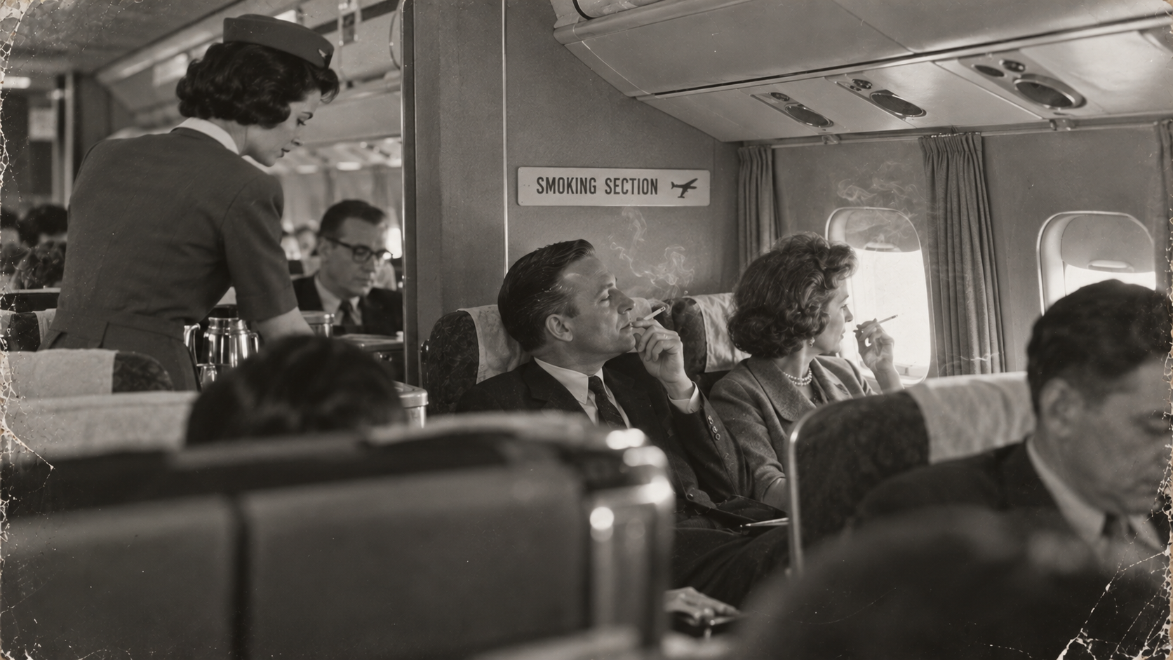 A flight attendant serves passengers in the smoking section of a vintage airplane cabin.