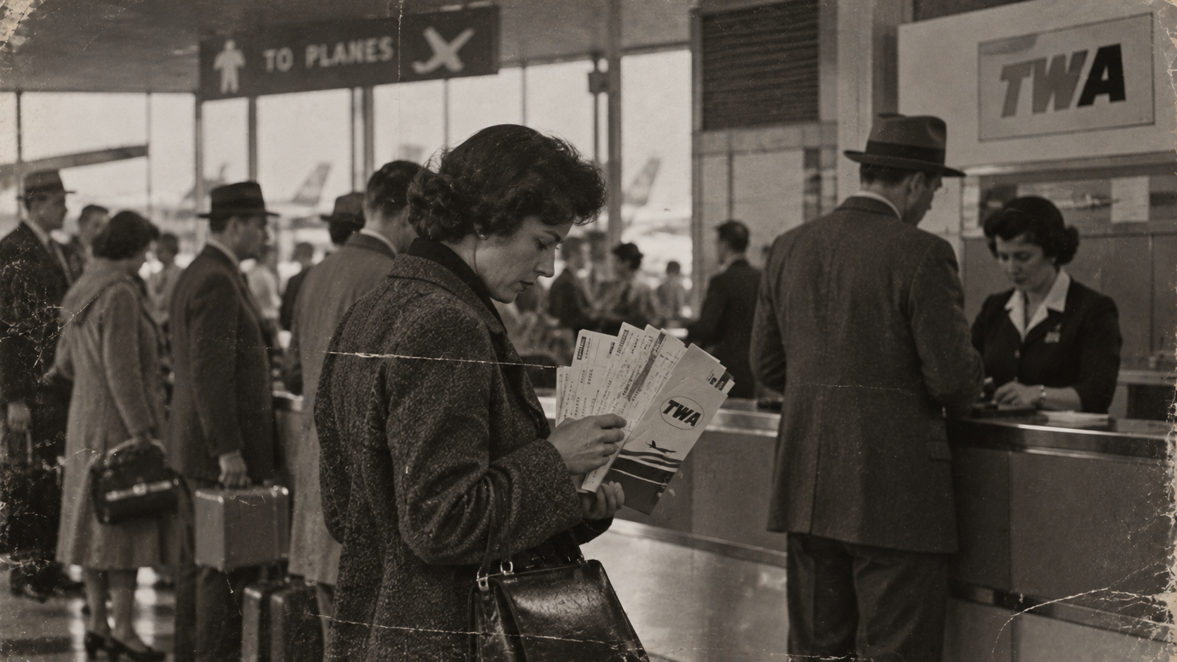 A woman stands in a busy airport terminal holding TWA tickets while passengers wait in line at a check-in counter beneath a “To Planes” sign.