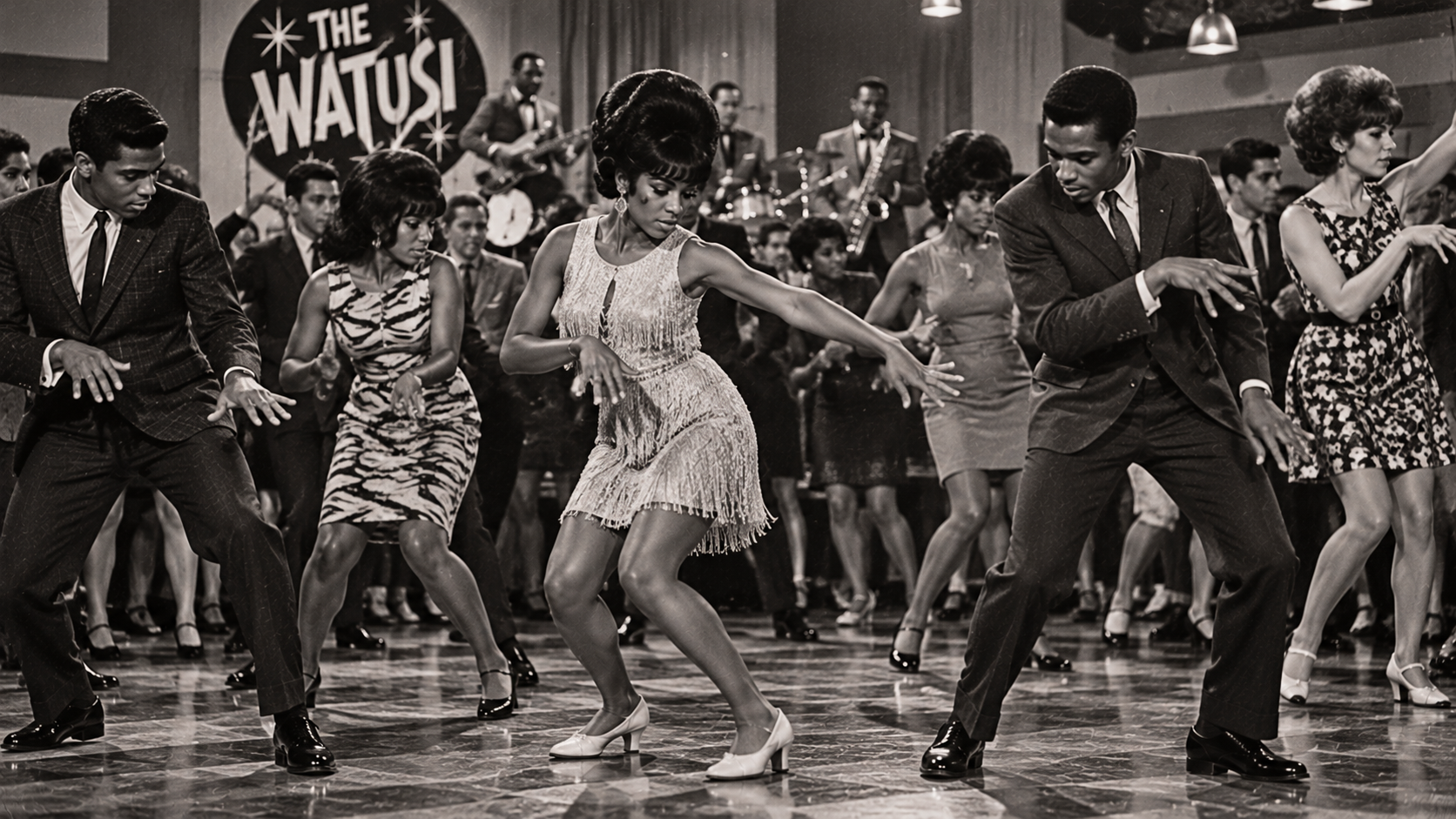 A group of men in suits and women in 1960s-style dresses dancing on a stage in front of a sign that reads “The Watusi.”