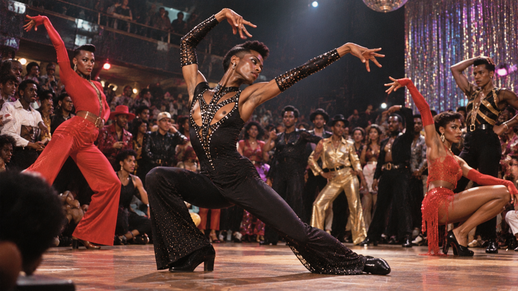 A dancer in a black, sequined cutout jumpsuit poses on a crowded disco dance floor, surrounded by other dancers in colorful, retro club attire.