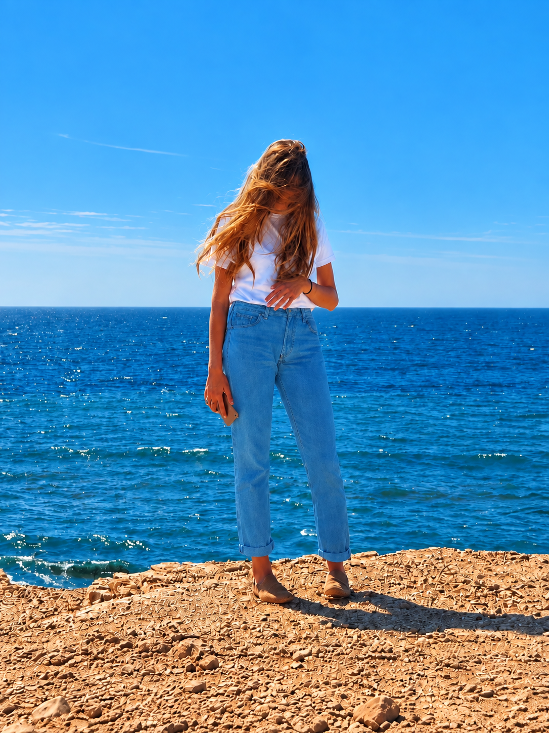 A person with long blonde hair standing on a rocky cliff overlooking the blue ocean.